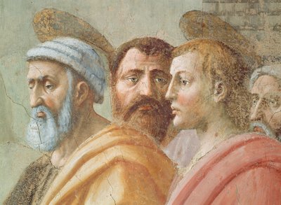 San Pedro distribuyendo los bienes comunes de la Iglesia y la muerte de Ananías (detalle) de Tommaso Masaccio